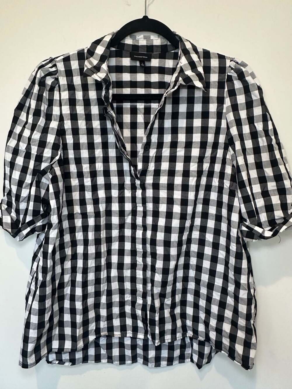 Who What Wear Black White Gingham Short Sleeve Button Up Top Shirt Size L